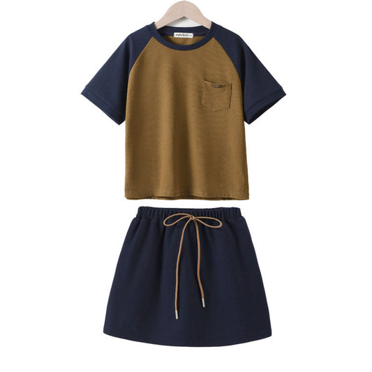 MyKids-USA® Girls Color Patchwork Short Sleeves T-Shirt And Solid Color Skirt Clothing Set