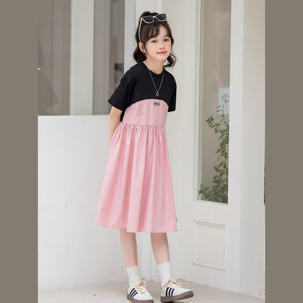 MyKids-USA® Kids Girls Fashion Color Patchwork Cotton Short Sleeves Dress