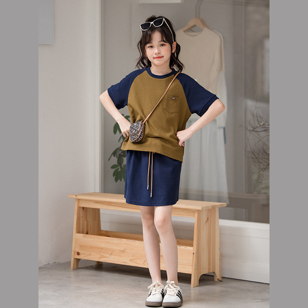 MyKids-USA® Girls Color Patchwork Short Sleeves T-Shirt And Solid Color Skirt Clothing Set