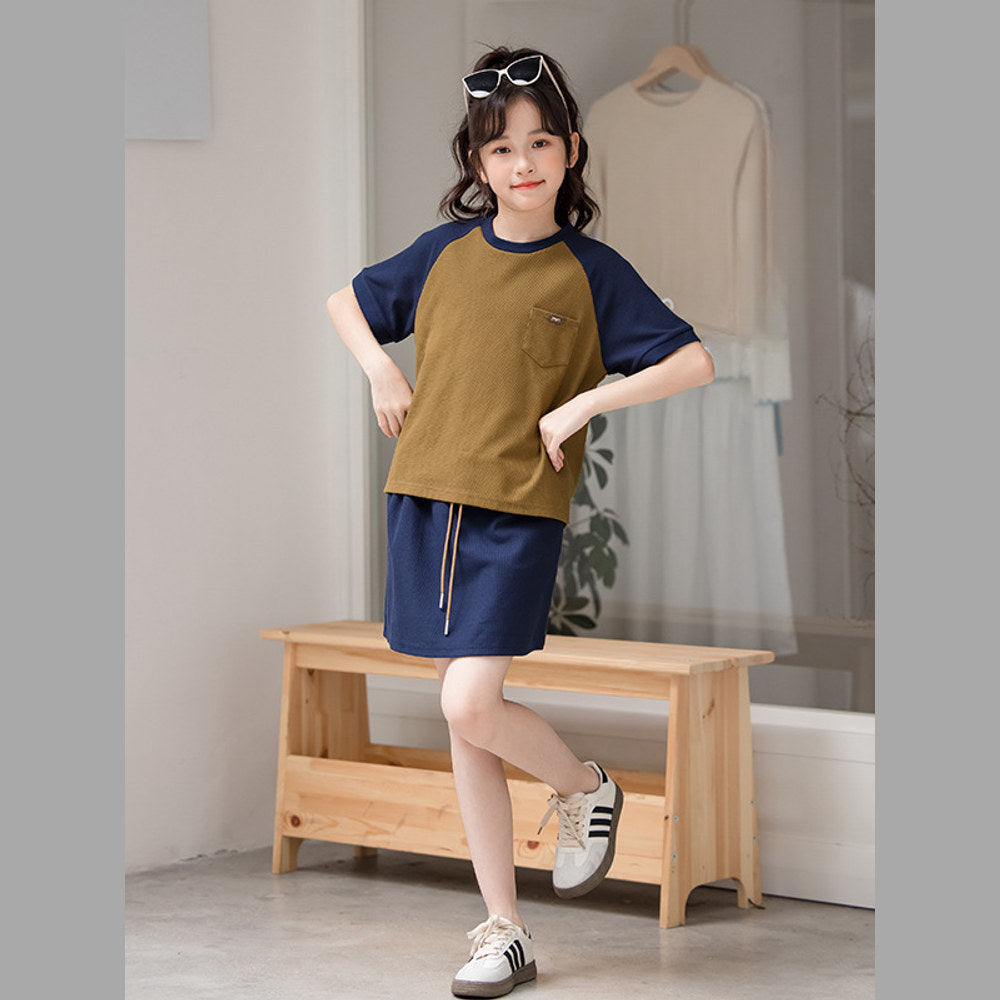 MyKids-USA® Girls Color Patchwork Short Sleeves T-Shirt And Solid Color Skirt Clothing Set
