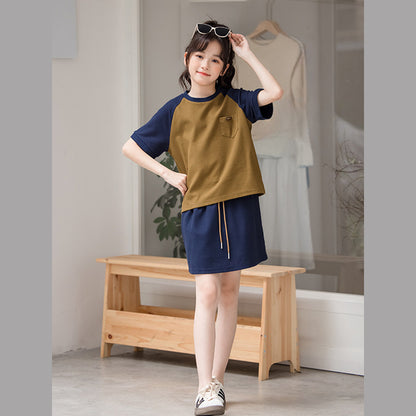 MyKids-USA® Girls Color Patchwork Short Sleeves T-Shirt And Solid Color Skirt Clothing Set