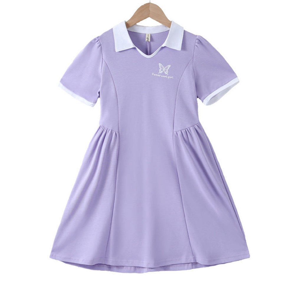 MyKids-USA® Kids Girls Sports Style Purple Short Sleeves Turn-Down Collar Dress