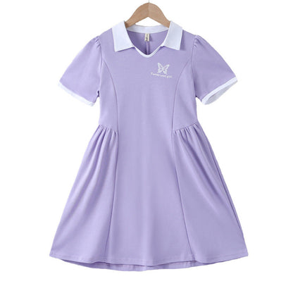 MyKids-USA® Kids Girls Sports Style Purple Short Sleeves Turn-Down Collar Dress