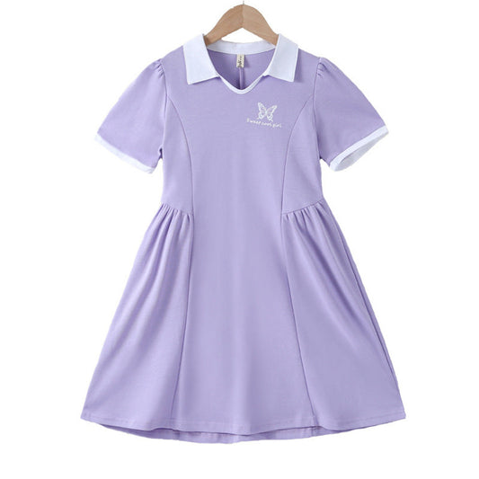 MyKids-USA® Summer Kids Girls Sports Style Purple Short Sleeves Turn-Down Collar Dress