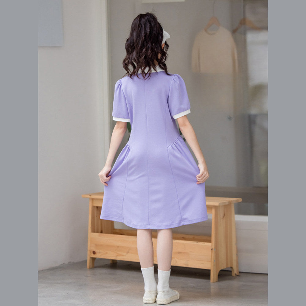 MyKids-USA® Kids Girls Sports Style Purple Short Sleeves Turn-Down Collar Dress