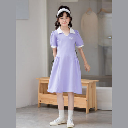 MyKids-USA® Kids Girls Sports Style Purple Short Sleeves Turn-Down Collar Dress