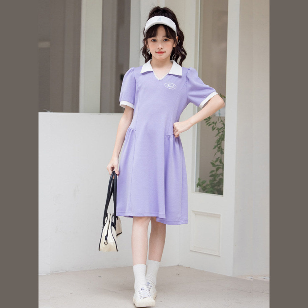 MyKids-USA® Kids Girls Sports Style Purple Short Sleeves Turn-Down Collar Dress