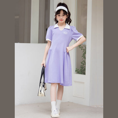MyKids-USA® Kids Girls Sports Style Purple Short Sleeves Turn-Down Collar Dress