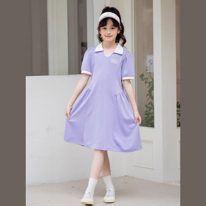MyKids-USA® Kids Girls Sports Style Purple Short Sleeves Turn-Down Collar Dress