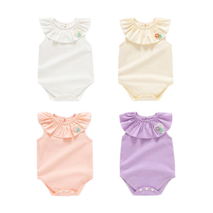 MyKids-USA® Baby Kids Girls Sleeveless Flower And Heart Embroidery Ruffle Collar Solid Color bodysuit
