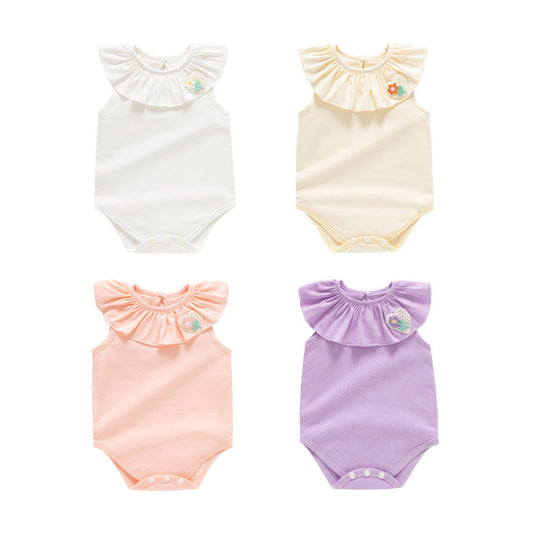 MyKids-USA® Baby Kids Girls Sleeveless Flower And Heart Embroidery Ruffle Collar Solid Color bodysuit
