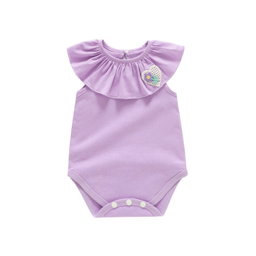 MyKids-USA® Baby Kids Girls Sleeveless Flower And Heart Embroidery Ruffle Collar Solid Color bodysuit