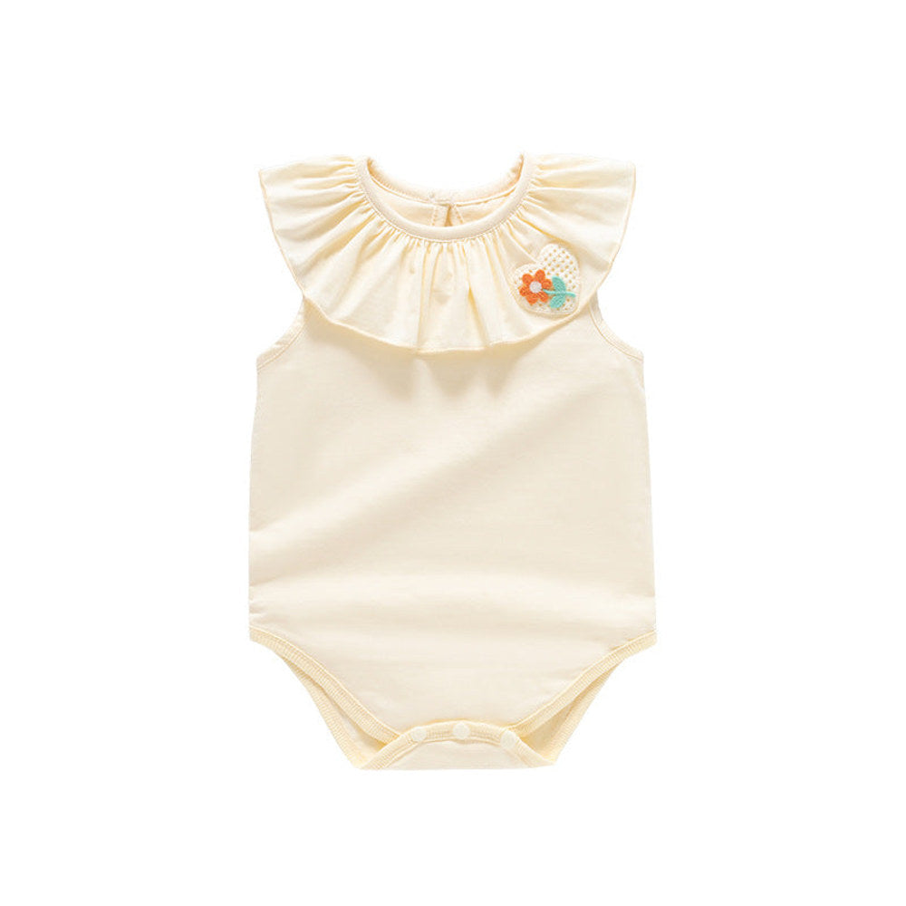 MyKids-USA® Baby Kids Girls Sleeveless Flower And Heart Embroidery Ruffle Collar Solid Color bodysuit