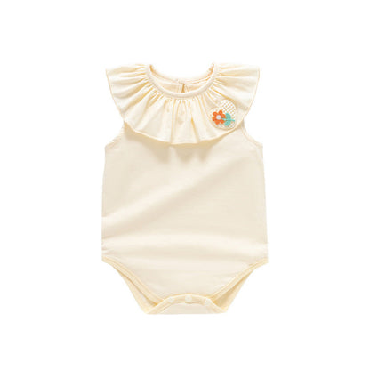 MyKids-USA® Baby Kids Girls Sleeveless Flower And Heart Embroidery Ruffle Collar Solid Color bodysuit