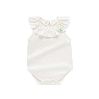 MyKids-USA® Baby Kids Girls Sleeveless Flower And Heart Embroidery Ruffle Collar Solid Color bodysuit