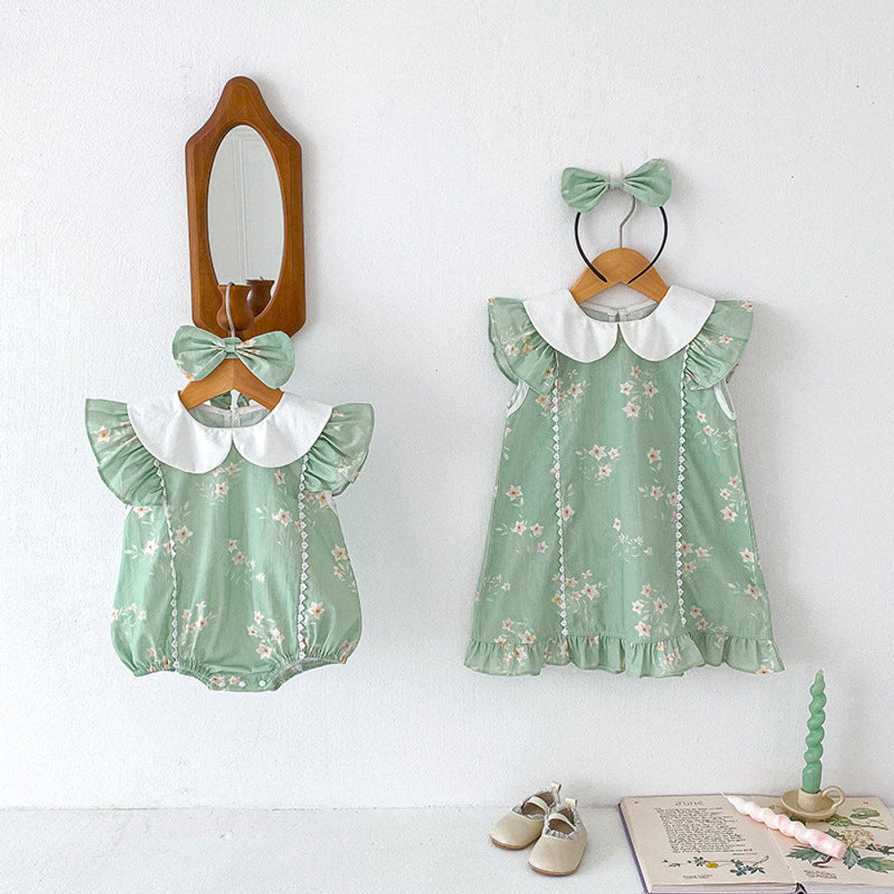 MyKids-USA® Design Girls Flowers Pattern Fly Sleeves Peter Pan Collar bodysuit or Dress – Sister Matching