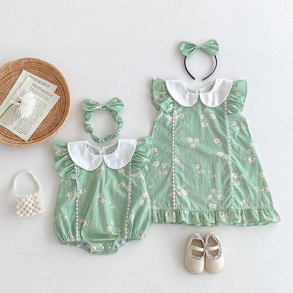 MyKids-USA® Design Girls Flowers Pattern Fly Sleeves Peter Pan Collar bodysuit or Dress – Sister Matching