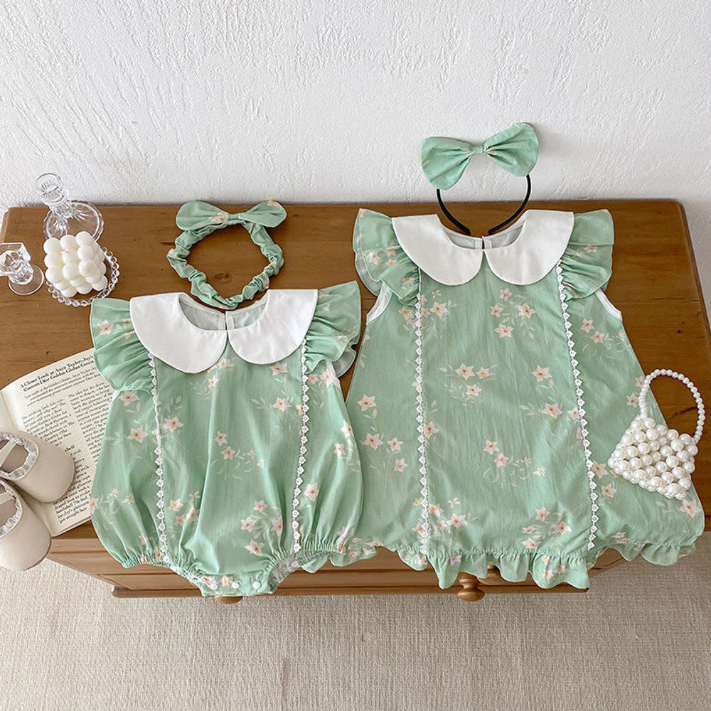 MyKids-USA® Design Girls Flowers Pattern Fly Sleeves Peter Pan Collar bodysuit or Dress – Sister Matching