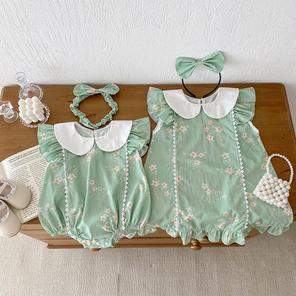 MyKids-USA® Design Girls Flowers Pattern Fly Sleeves Peter Pan Collar bodysuit or Dress – Sister Matching