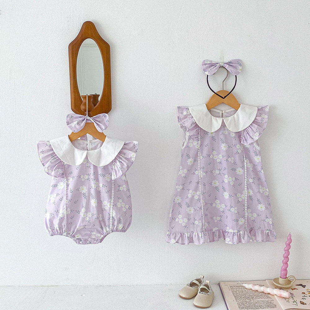 MyKids-USA® Girls Flowers Pattern Fly Sleeves Peter Pan Collar bodysuit or Dress – Sister Matching