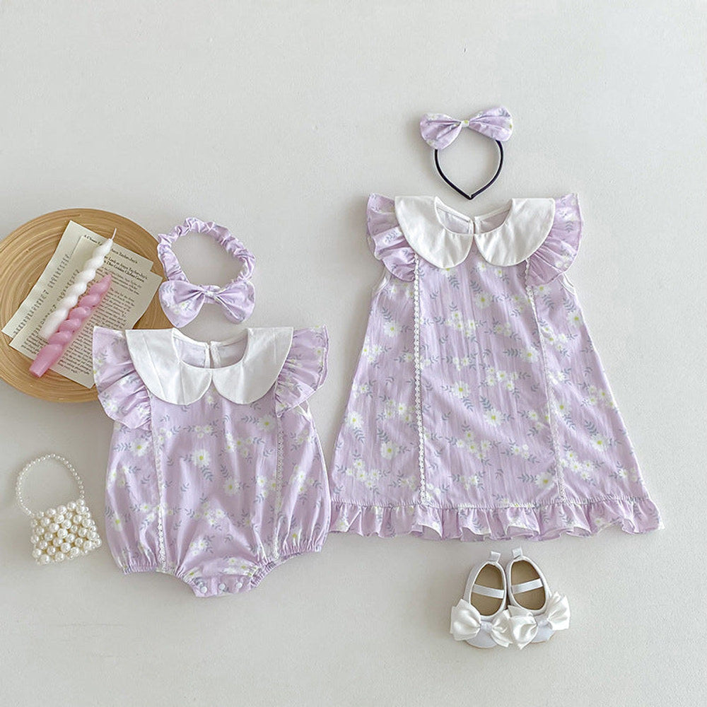 MyKids-USA® Girls Flowers Pattern Fly Sleeves Peter Pan Collar bodysuit or Dress – Sister Matching
