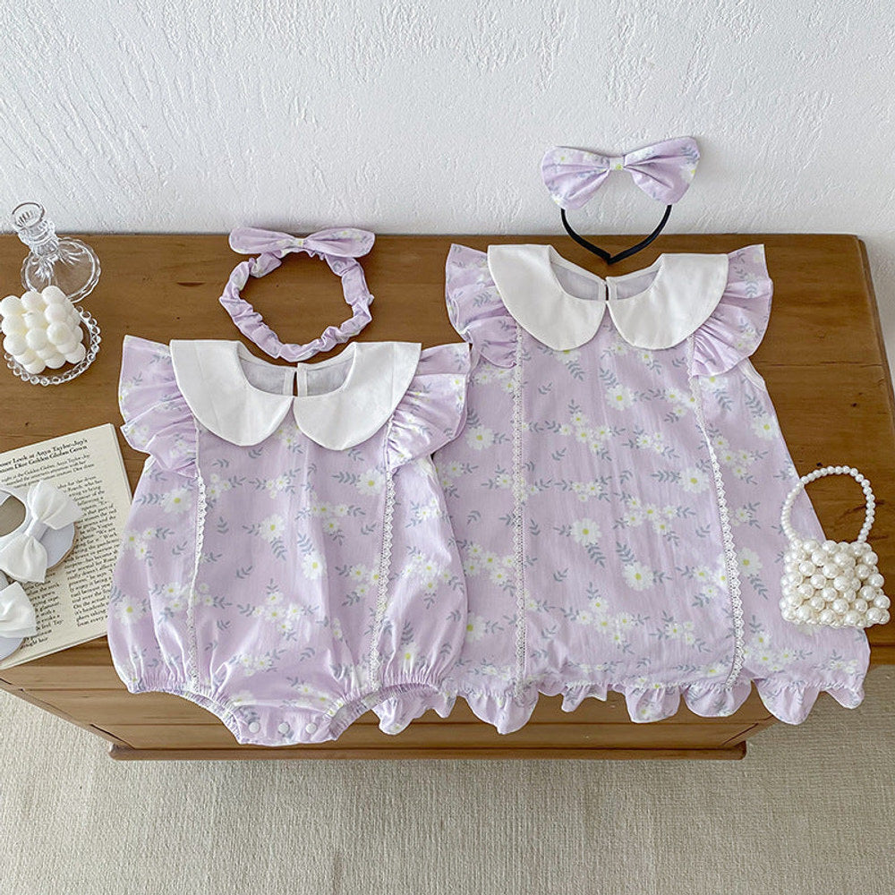MyKids-USA® Girls Flowers Pattern Fly Sleeves Peter Pan Collar bodysuit or Dress – Sister Matching