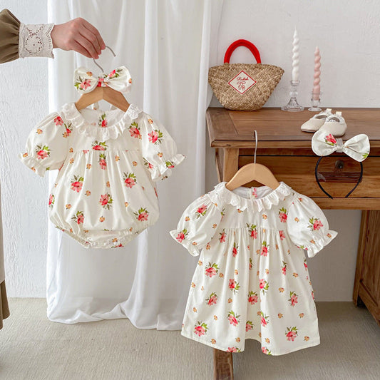 MyKids-USA® Girls Flowers Pattern Short Sleeves Hollow Out Ruffle Collar bodysuit And Dress – Sister Matching Clothing Set