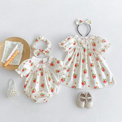 MyKids-USA® Girls Flowers Pattern Short Sleeves Hollow Out Ruffle Collar bodysuit And Dress – Sister Matching Clothing Set