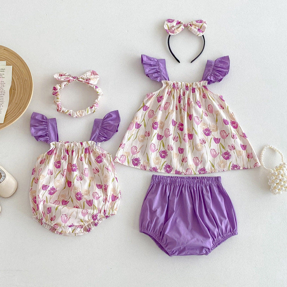 MyKids-USA® Design Girls Flowers Pattern Sleeveless Strap bodysuit And Clothing Set – Sister Matching Clothing Set