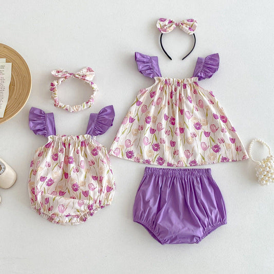 MyKids-USA® Design Girls Flowers Pattern Sleeveless Strap bodysuit And Clothing Set – Sister Matching Clothing Set