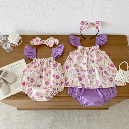 MyKids-USA® Design Girls Flowers Pattern Sleeveless Strap bodysuit And Clothing Set – Sister Matching Clothing Set