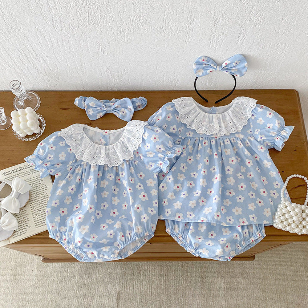 MyKids-USA® Design Girls Flowers Pattern Short Sleeves Hollow Out Collar bodysuit And Clothing Set – Sister Matching Clothing Set