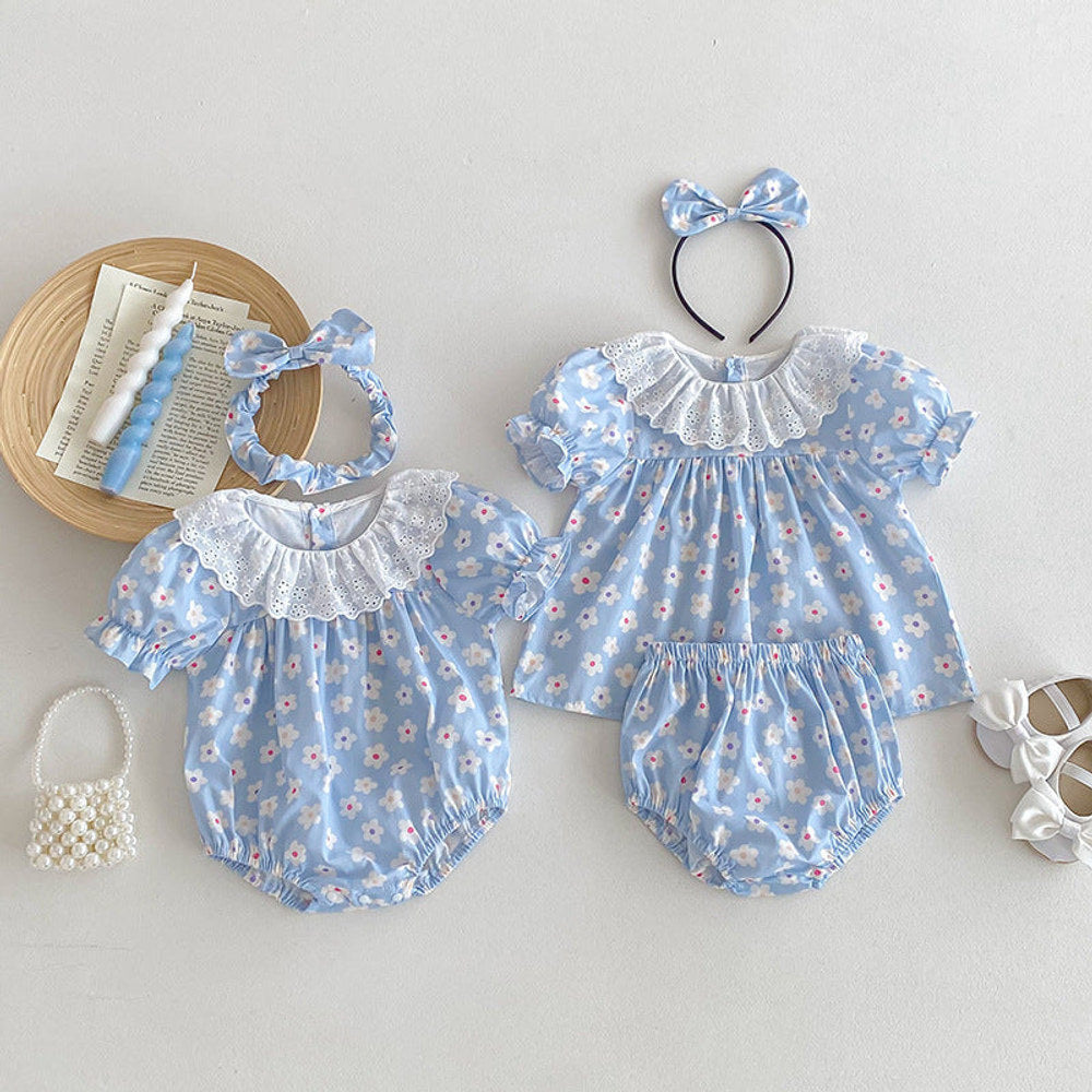 MyKids-USA® Design Girls Flowers Pattern Short Sleeves Hollow Out Collar bodysuit And Clothing Set – Sister Matching Clothing Set
