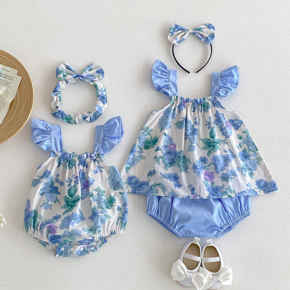 MyKids-USA® Girls Flowers Pattern Sleeveless Strap bodysuit And Clothing Set – Sister Matching