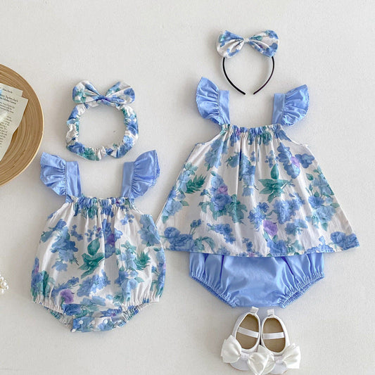 MyKids-USA® Girls Flowers Pattern Sleeveless Strap bodysuit And Clothing Set – Sister Matching Clothing Set