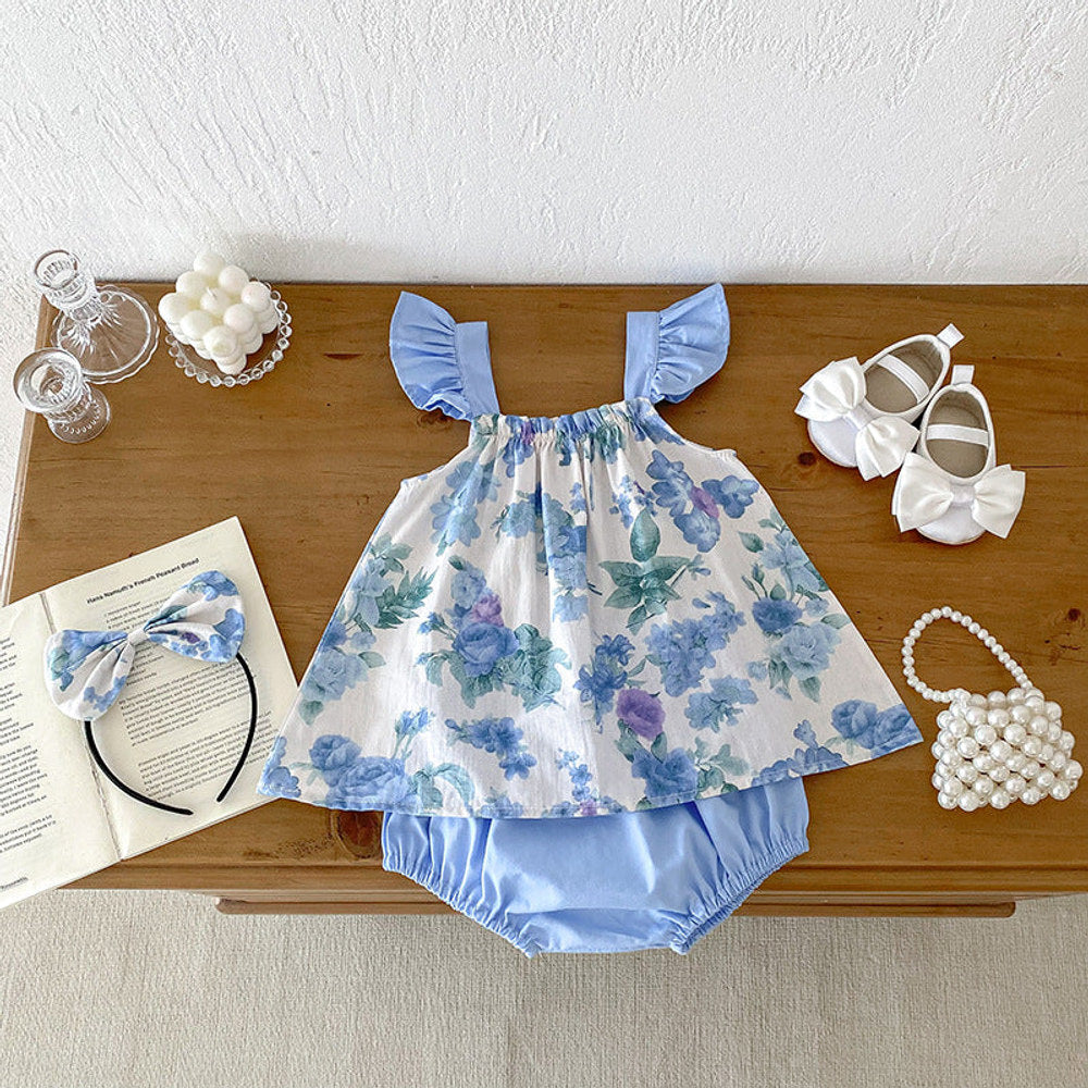 MyKids-USA® Girls Flowers Pattern Sleeveless Strap bodysuit And Clothing Set – Sister Matching