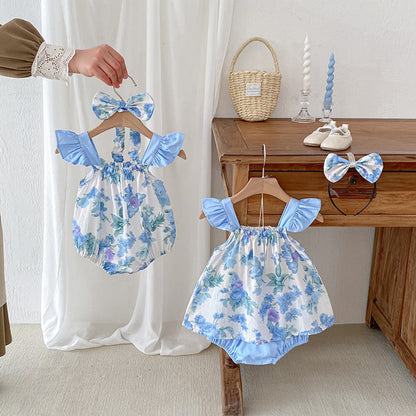 MyKids-USA® Girls Flowers Pattern Sleeveless Strap bodysuit And Clothing Set – Sister Matching