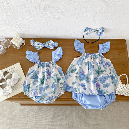 MyKids-USA® Girls Flowers Pattern Sleeveless Strap bodysuit And Clothing Set – Sister Matching