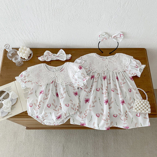 MyKids-USA® Girls Flowers Pattern Short Sleeves Hollow Out Collar bodysuit And Dress – Sister Matching Clothing Set