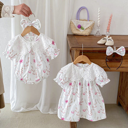 MyKids-USA® Girls Flowers Pattern Short Sleeves Hollow Out Collar bodysuit And Dress – Sister Matching Clothing Set