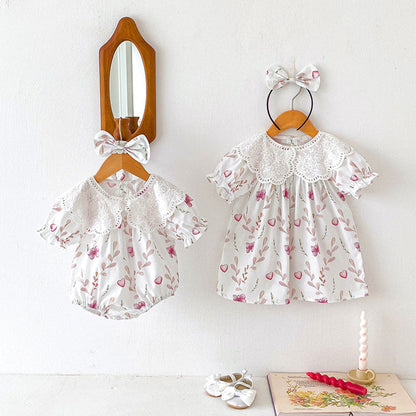 MyKids-USA® Girls Flowers Pattern Short Sleeves Hollow Out Collar bodysuit And Dress – Sister Matching Clothing Set