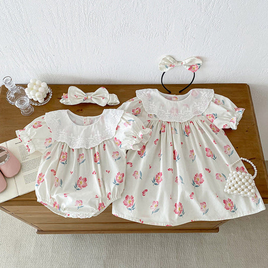 MyKids-USA® Girls Flowers Pattern Short Sleeves Embroidery Collar bodysuit And Dress – Sister Matching Clothing Set