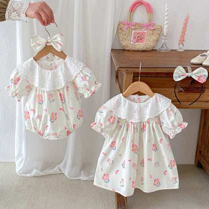MyKids-USA® Girls Flowers Pattern Short Sleeves Embroidery Collar bodysuit And Dress – Sister Matching Clothing Set