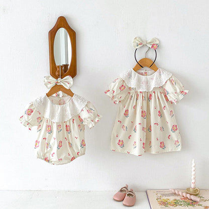 MyKids-USA® Girls Flowers Pattern Short Sleeves Embroidery Collar bodysuit And Dress – Sister Matching Clothing Set