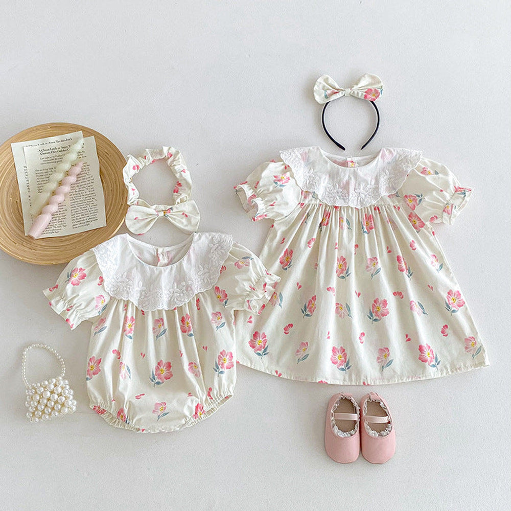 MyKids-USA® Girls Flowers Pattern Short Sleeves Embroidery Collar bodysuit And Dress – Sister Matching Clothing Set