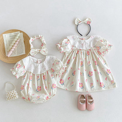 MyKids-USA® Girls Flowers Pattern Short Sleeves Embroidery Collar bodysuit And Dress – Sister Matching Clothing Set