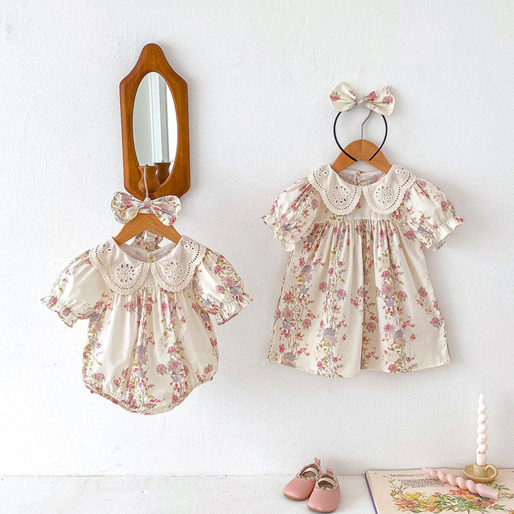MyKids-USA® Girls Flowers Pattern Short Sleeves Hollow Out Collar bodysuit or Dress – Sister Matching