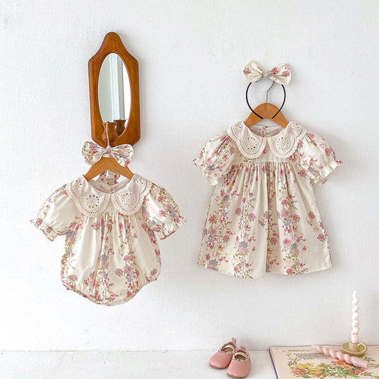 MyKids-USA® Girls Flowers Pattern Short Sleeves Hollow Out Collar bodysuit And Dress – Sister Matching Clothing Set