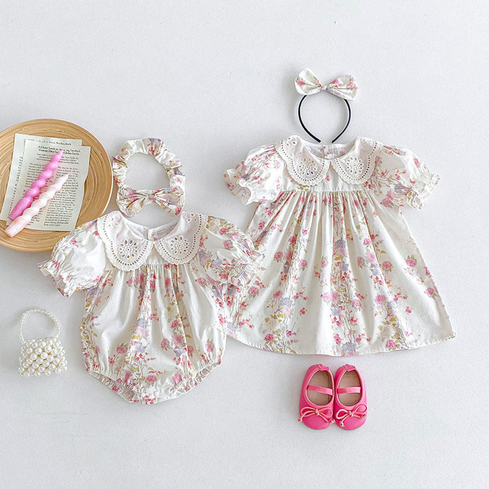 MyKids-USA® Girls Flowers Pattern Short Sleeves Hollow Out Collar bodysuit or Dress – Sister Matching