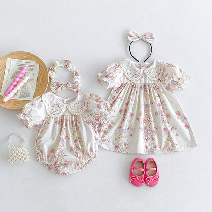 MyKids-USA® Girls Flowers Pattern Short Sleeves Hollow Out Collar bodysuit or Dress – Sister Matching